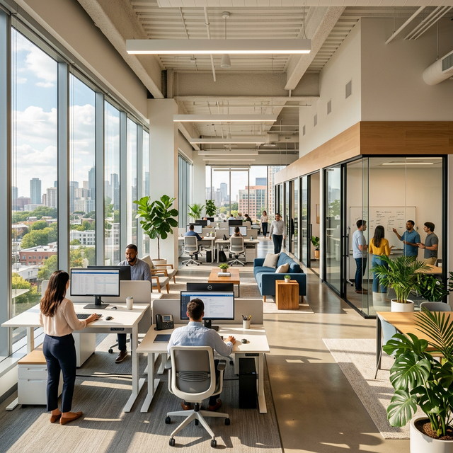 Sunny modern office space with professionals